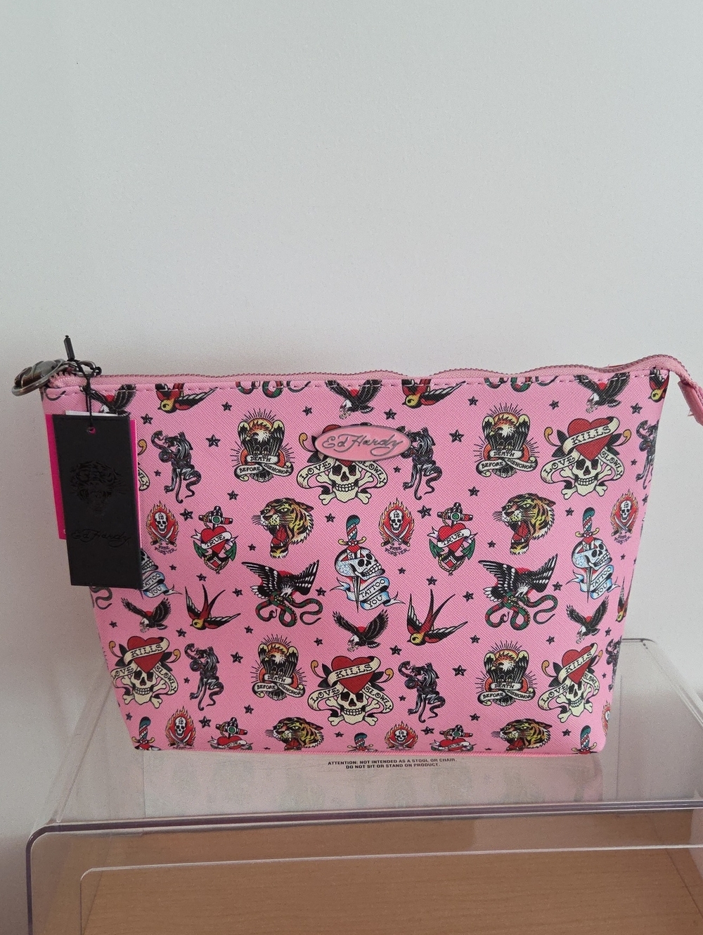 Ed Hardy Pink Tattoo Print Cosmetic Bag